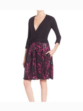 Diane von Furstenberg DVF Black Pink Sequin Wrap Dress Size 12